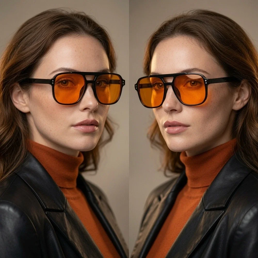 Retro Black Square Eyewear Sunglasses Orange Tinted Lens Double Bridge Women New